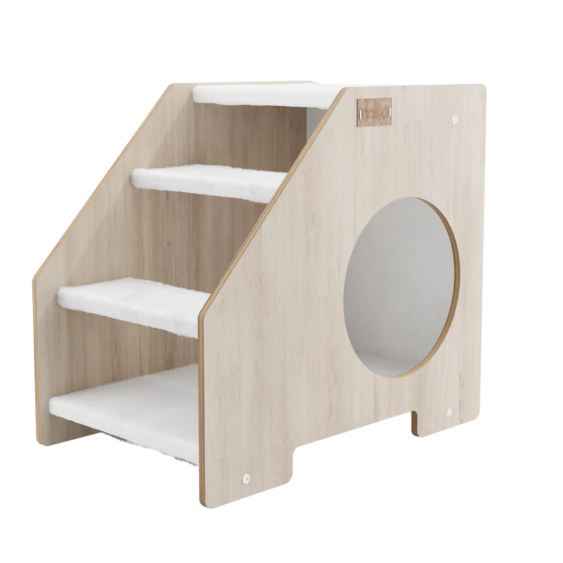 Wooden pet stairs a round entrance on a white background