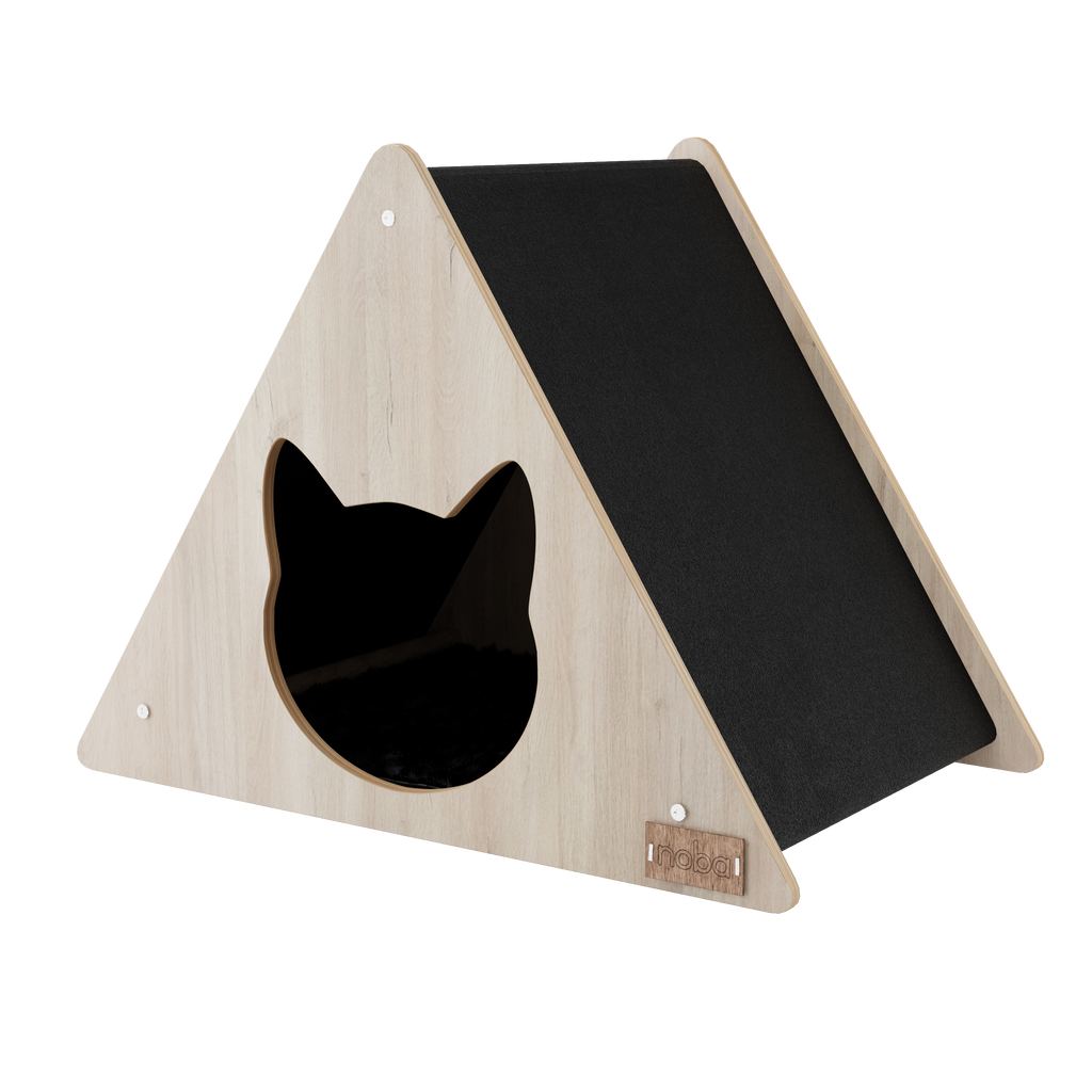 Triangular wooden pet house with a black interior on a white background