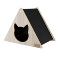 Triangular wooden pet house with a black interior on a white background