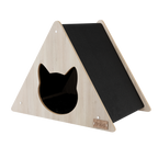 Triangular wooden pet house with a black interior on a white background