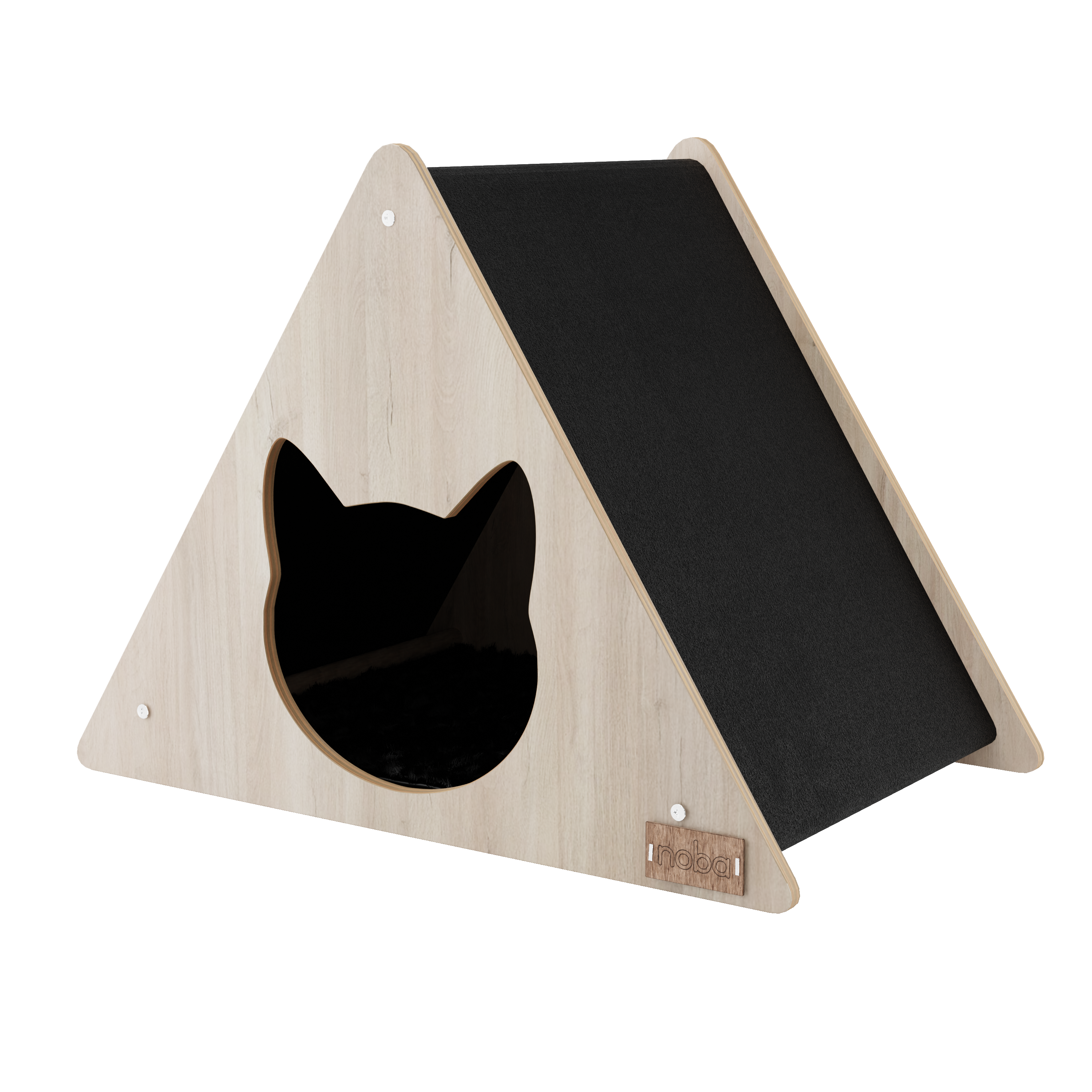 Triangular wooden pet house with a black interior on a white background