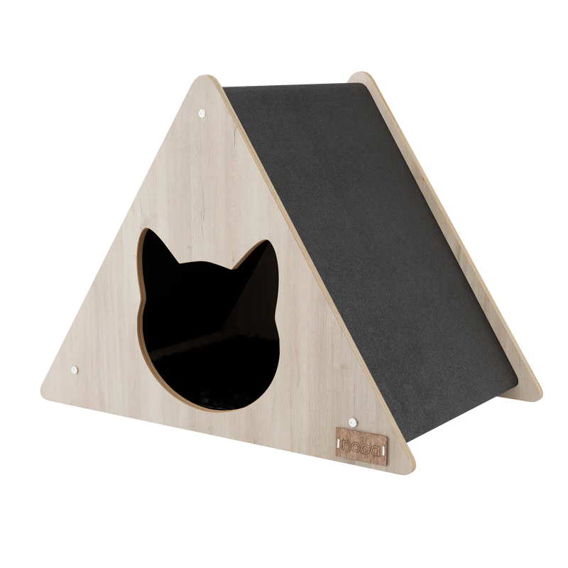 Triangular wooden pet house with a black interior on a white background