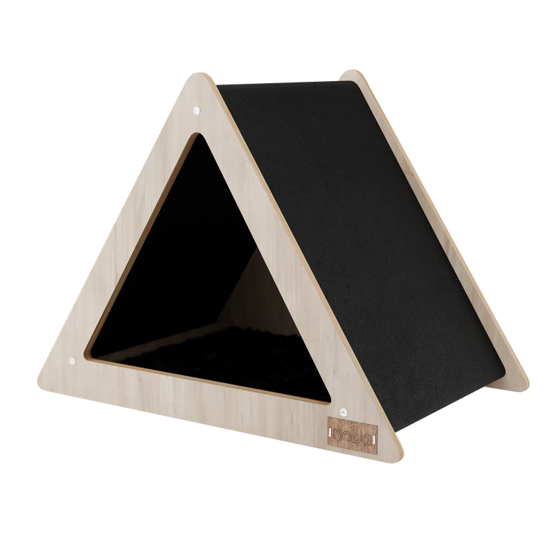 Triangular black pet house with wooden frame on a white background
