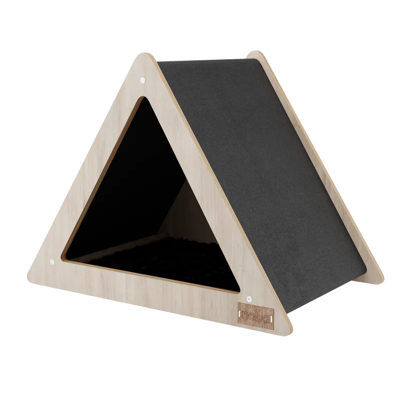Triangular grey pet house with wooden frame on a white background