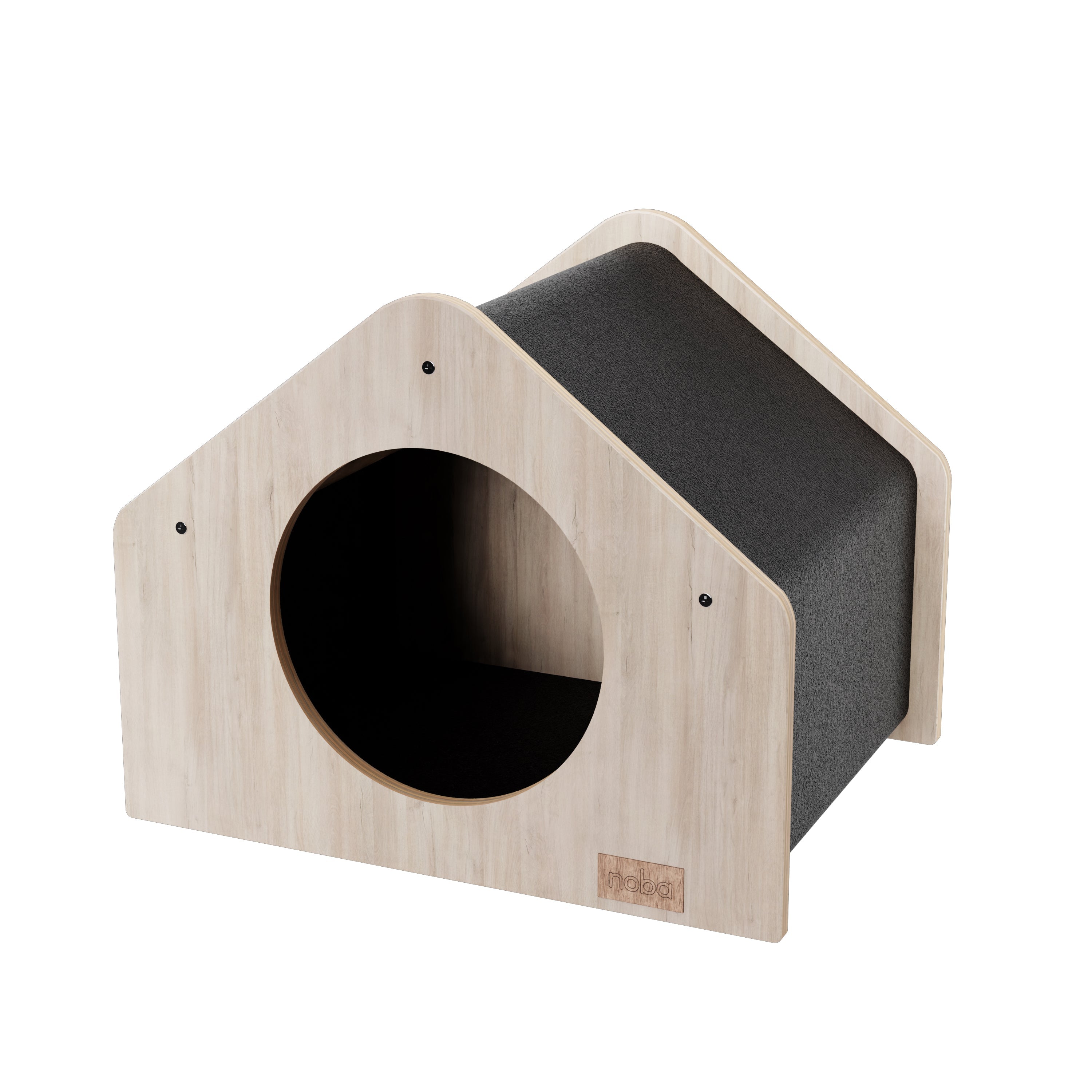 Wooden pet house with a dark interior on a white background