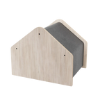 Wooden pet house with gray cushion on a white background