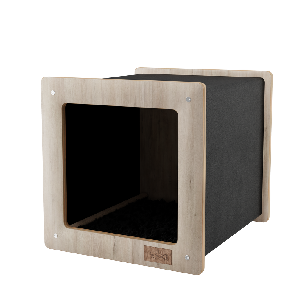 Wooden pet house with black interior on a white background