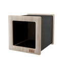 Wooden pet house with black interior on a white background