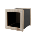 Wooden pet house with black interior on a white background