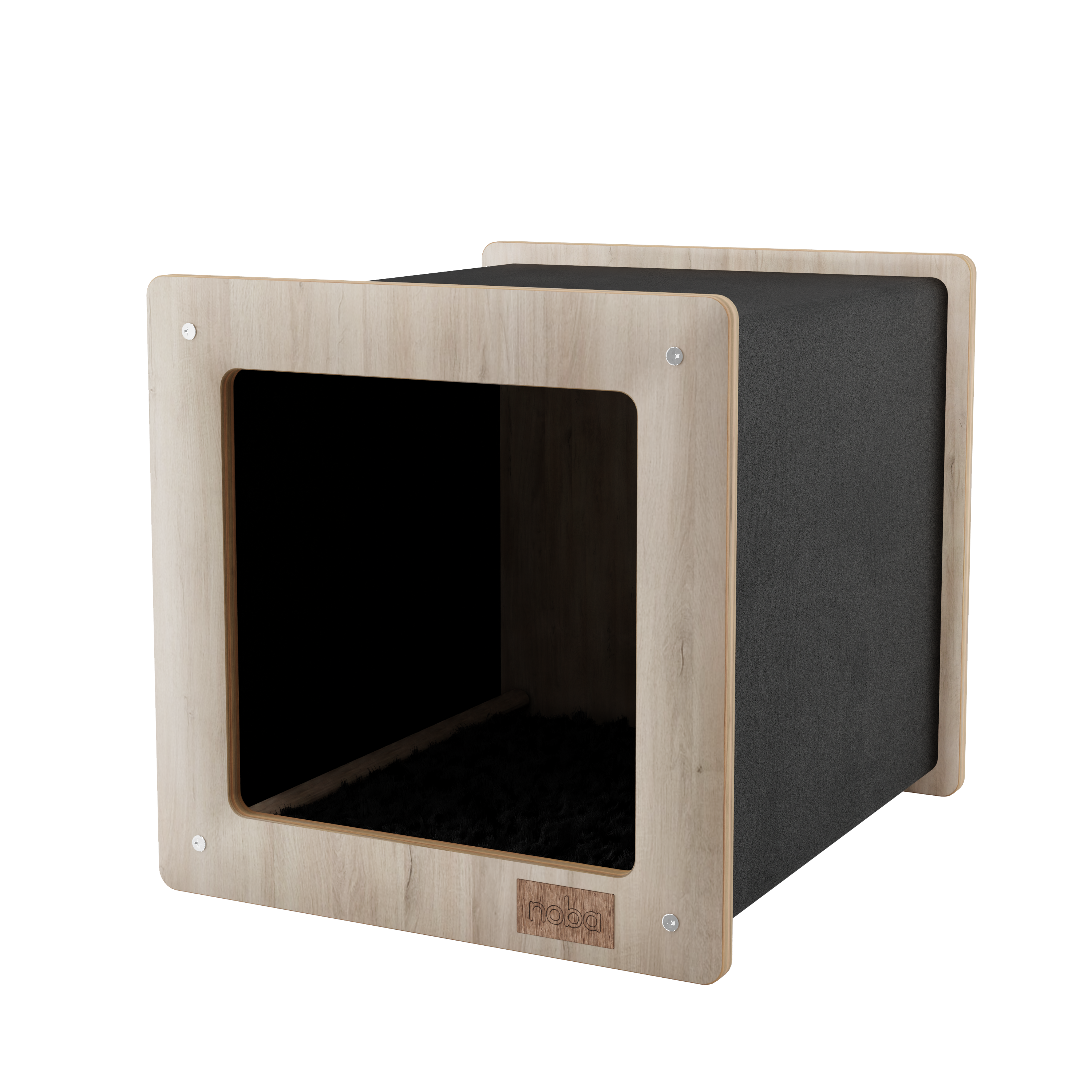 Wooden pet house with black interior on a white background