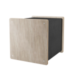 back of a wooden cat house with black side on a white background