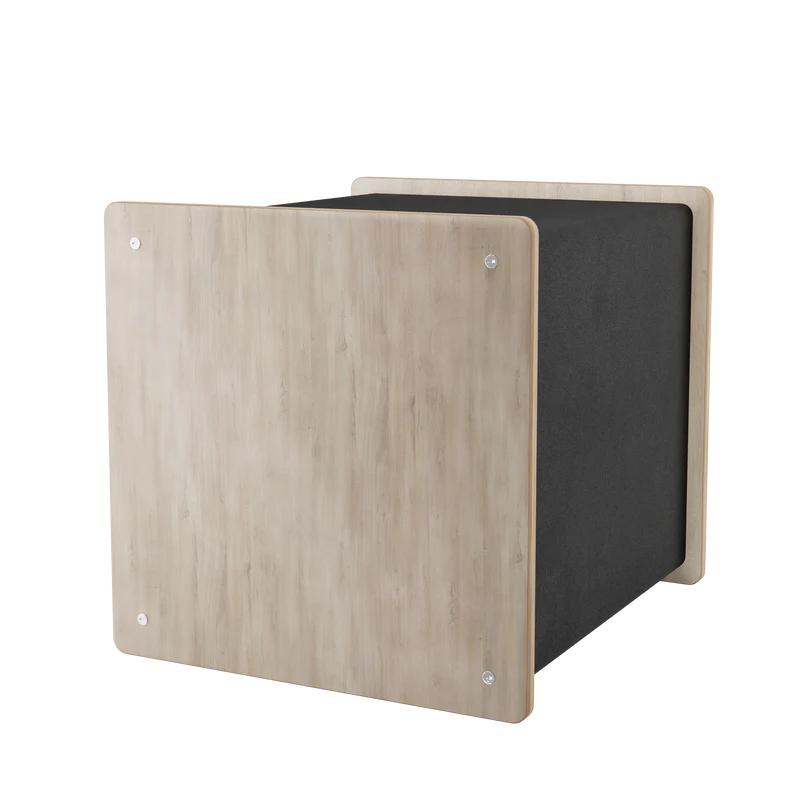back of a wooden cat house with black side on a white background