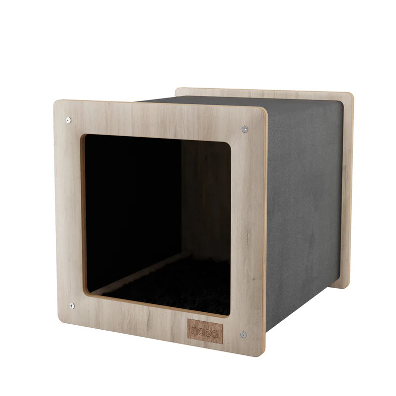 Cube-shaped pet bed with wooden frame and gray interior on a white background
