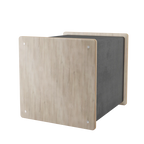 Cube-shaped cat bed with light wood and dark gray finish on a white background
