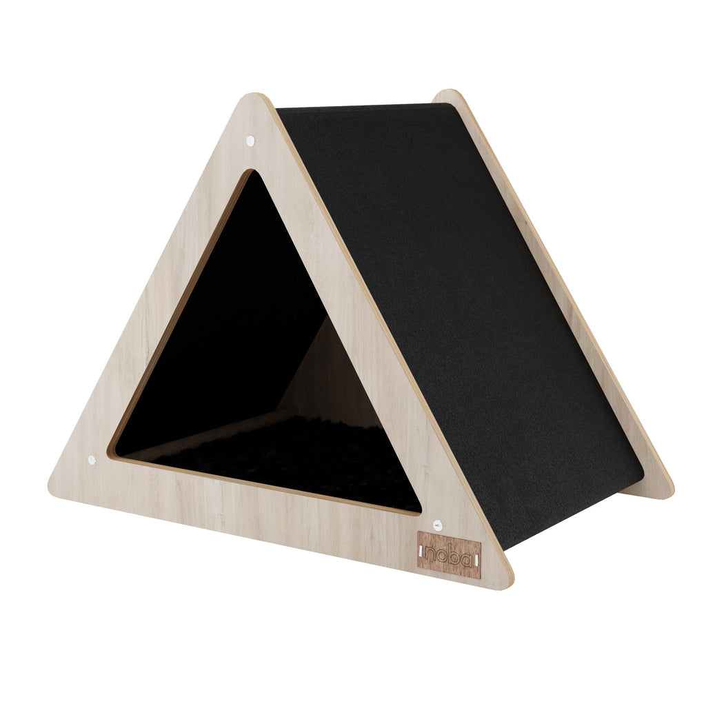 Triangular wooden slide with black surface on a white background