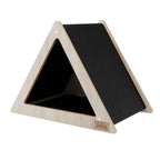 Triangular wooden slide with black surface on a white background