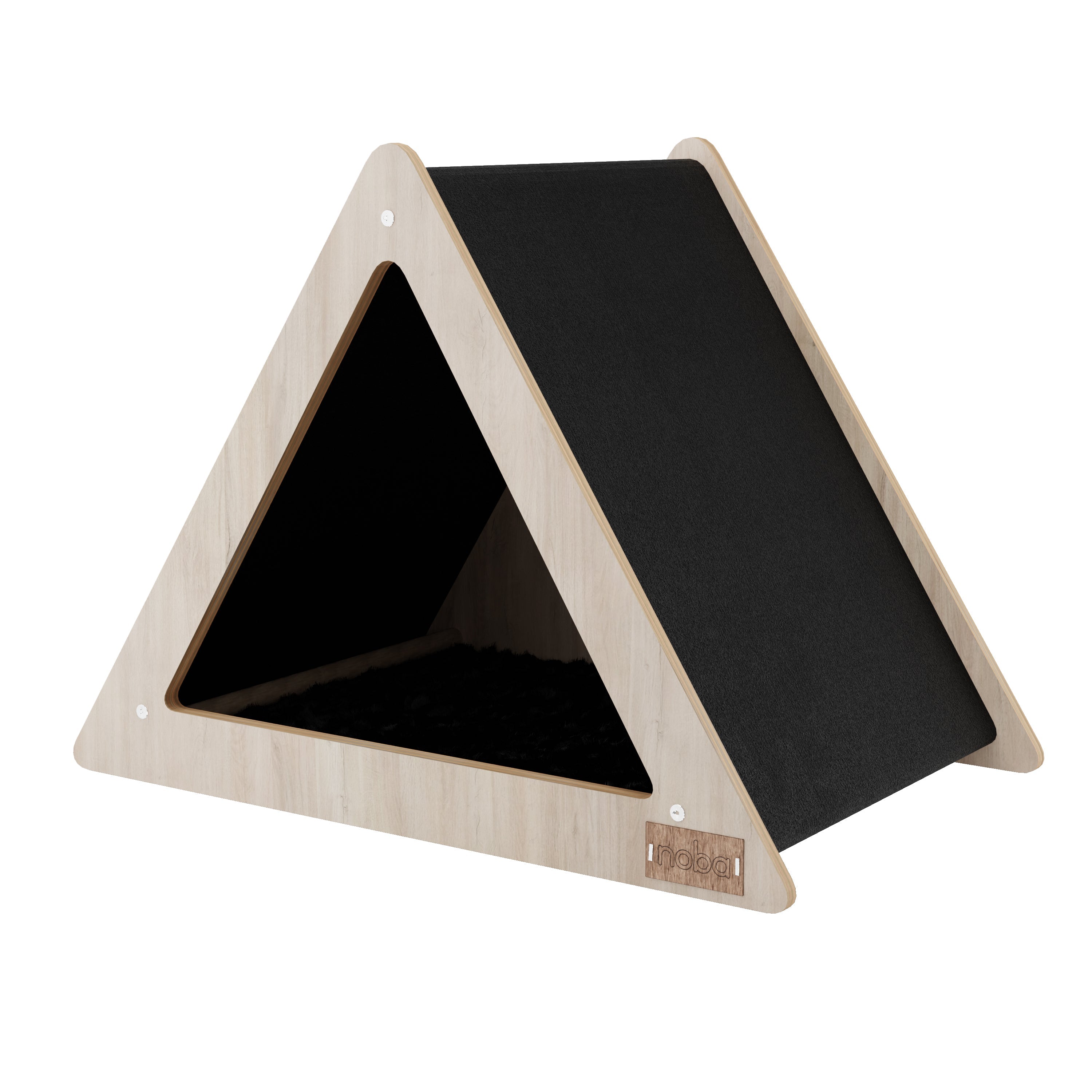 Triangular wooden slide with black surface on a white background