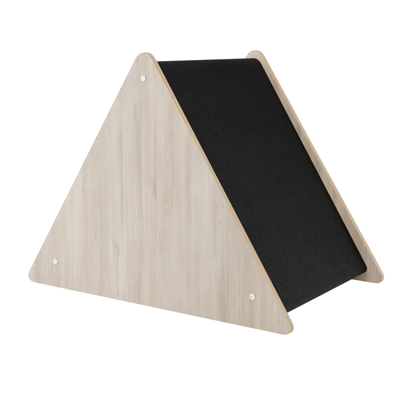 Triangular wooden cat house with black surface on a white background