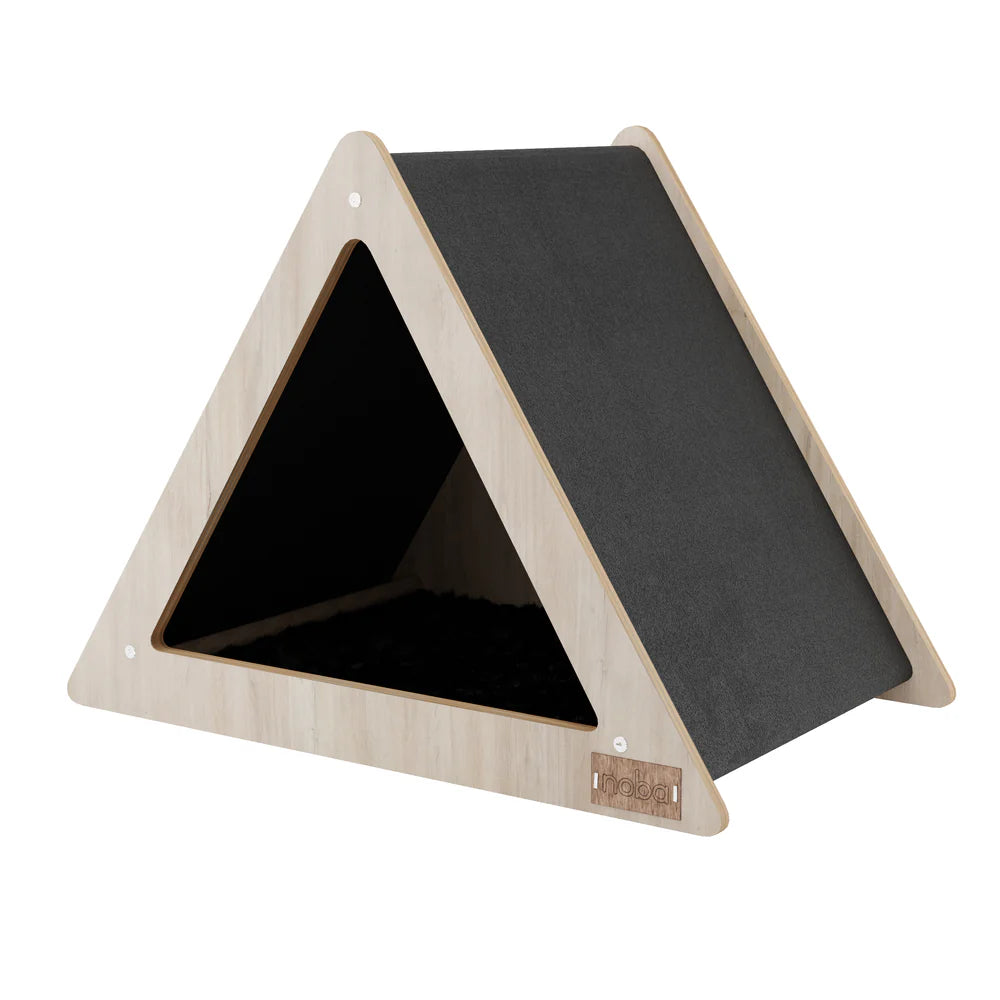 Triangular wooden cat house with black surface on a white background
