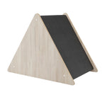 Triangular wooden cat house with black surface on a white background
