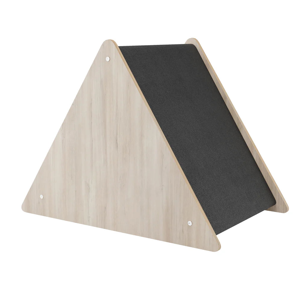 Triangular wooden cat house with black surface on a white background