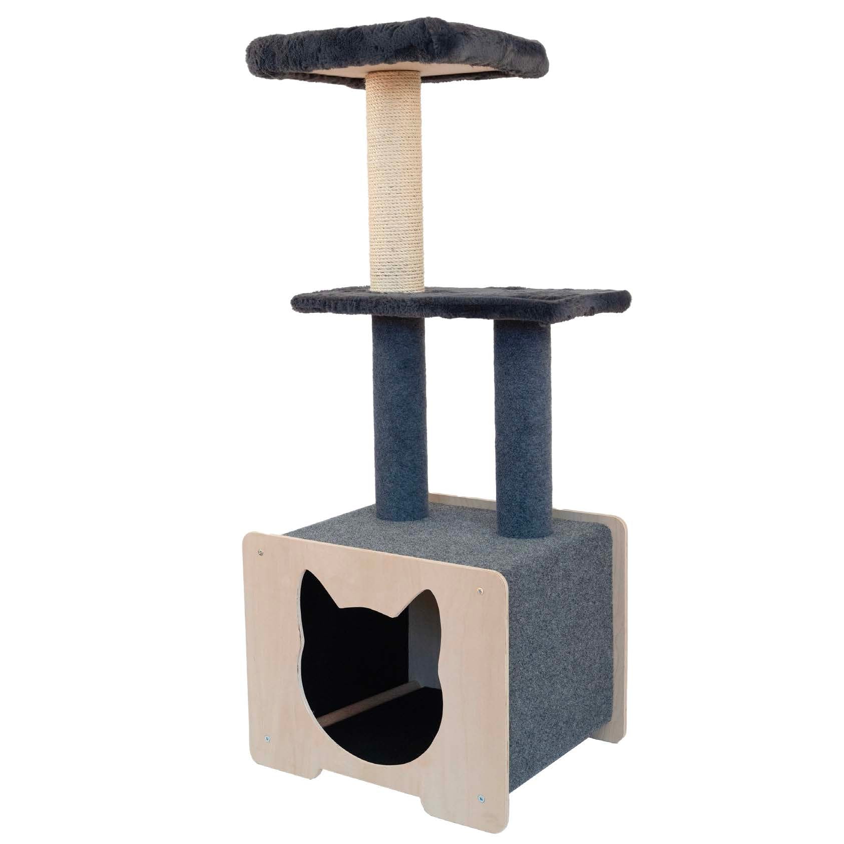 Cat tree with multiple levels and a scratching post on a white background