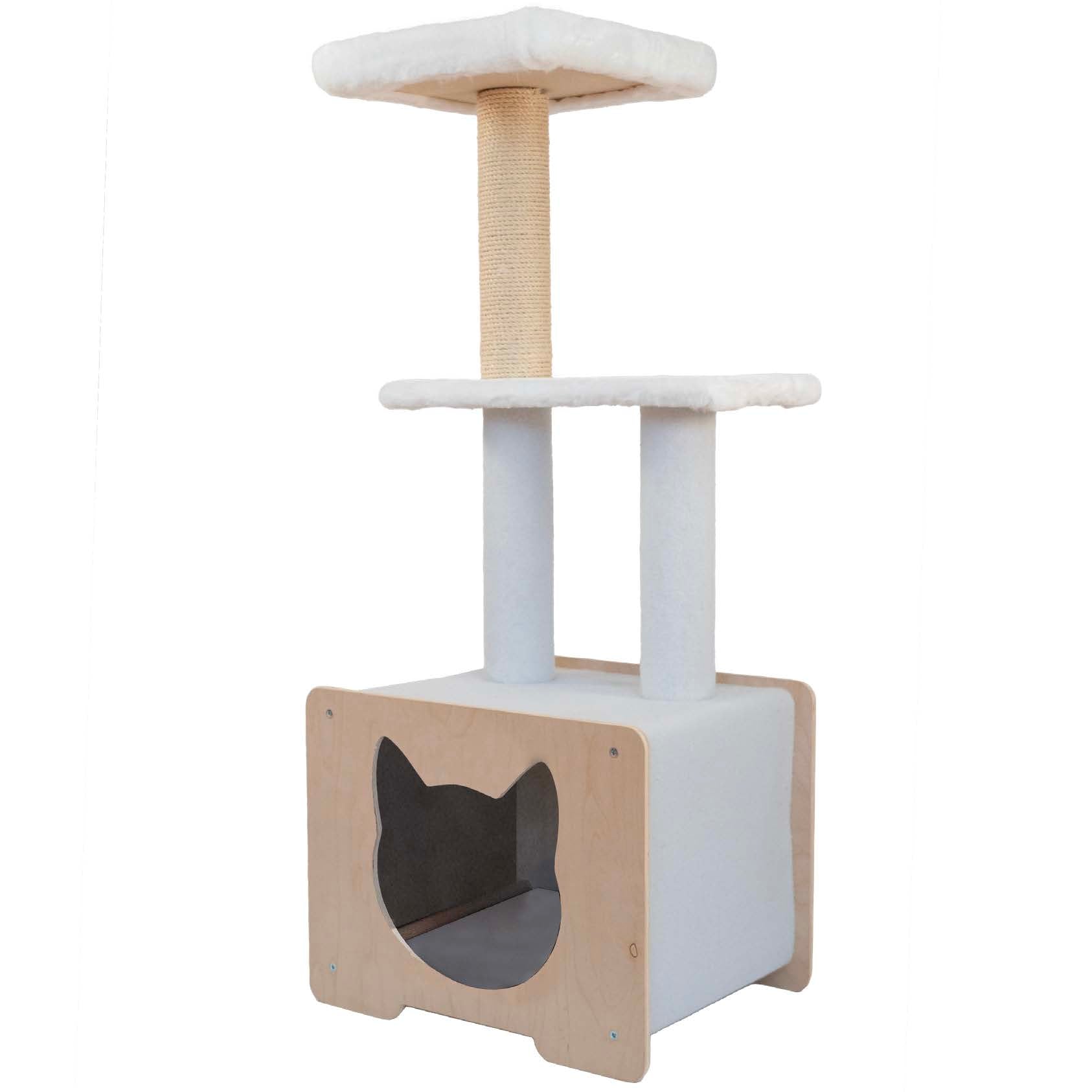 Cat tree with white platform and wooden base on a white background