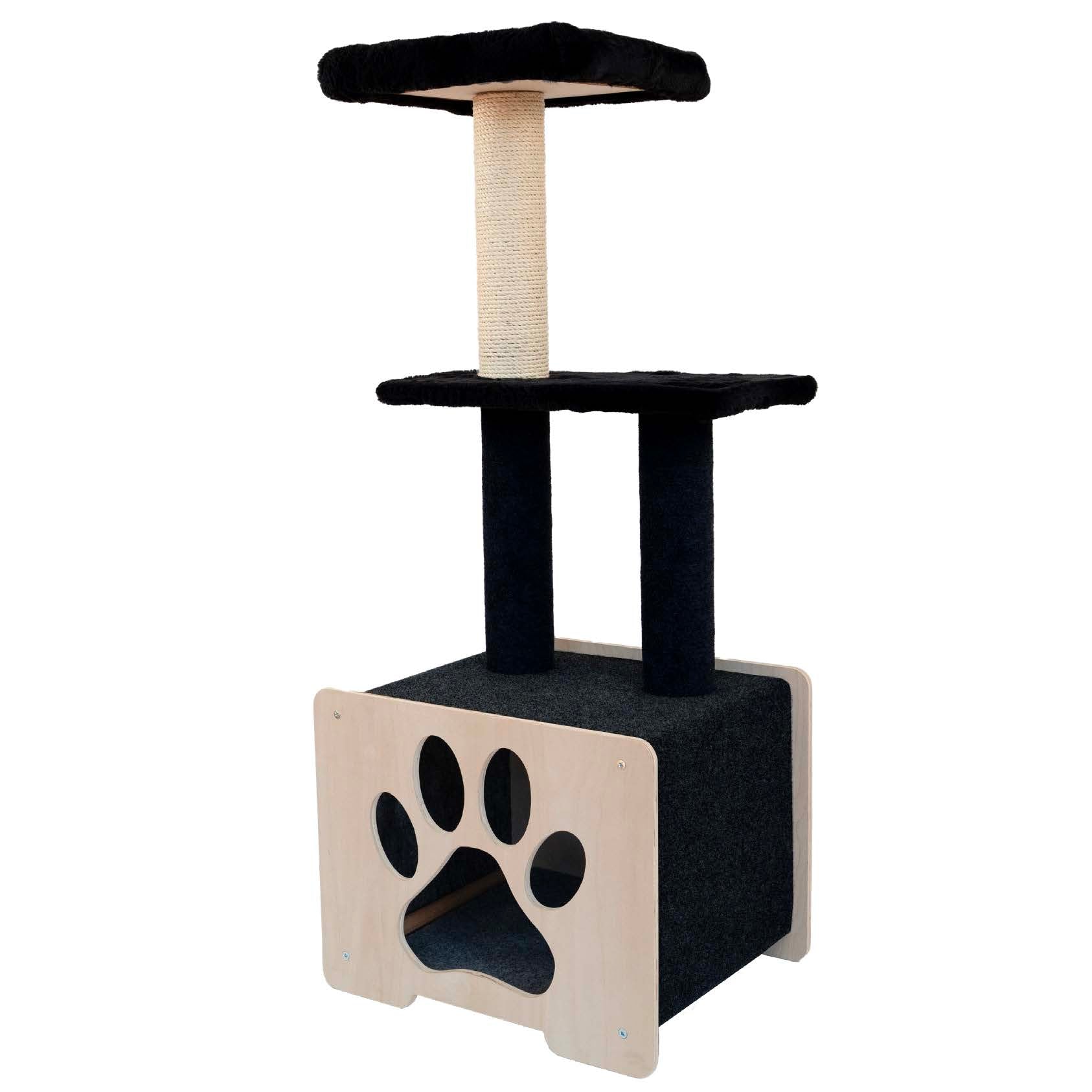 Cat tree with multiple levels and a paw design on a white background