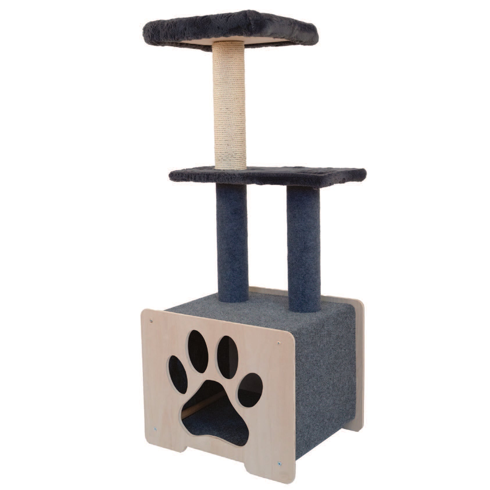 Cat tree with multiple levels and a paw design on a white background
