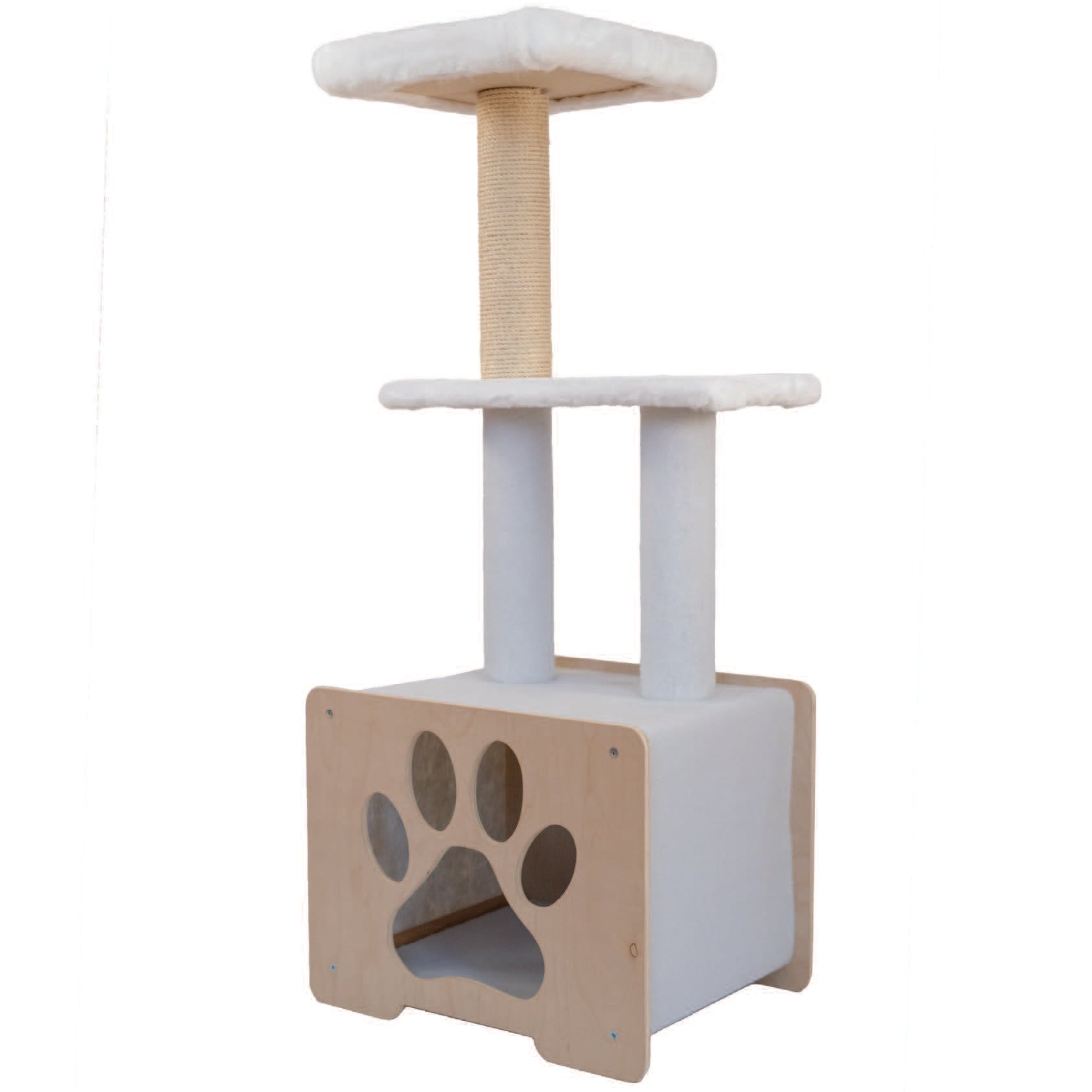 Cat tree with white cushioned platform and wooden base on a white background