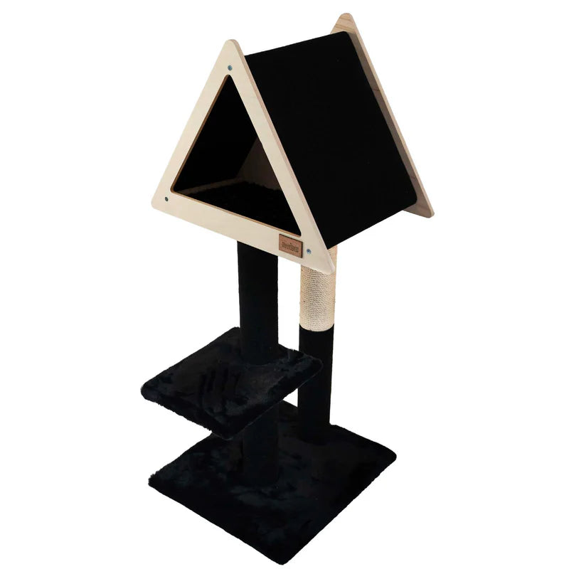 Black and beige cat tree with a triangular platform on a white background