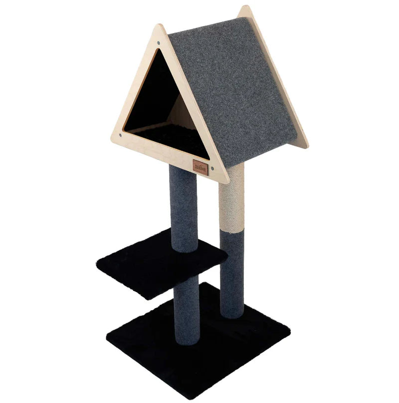 Cat tree with a platform and scratching posts on a white background