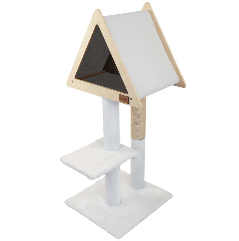 Cat tree with a triangular top platform on a white background