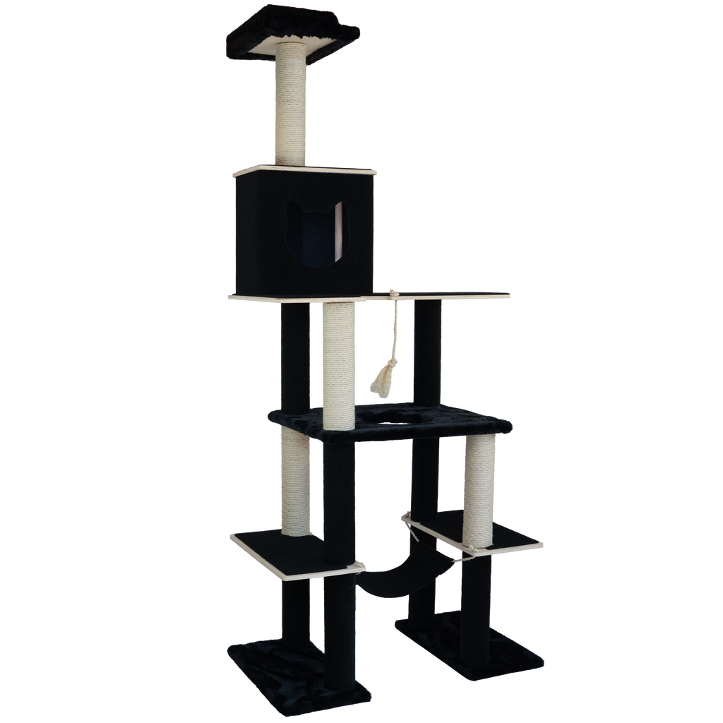 Black and white cat tree with multiple levels and a perch on a white background