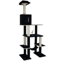 Black and white cat tree with multiple levels and a perch on a white background