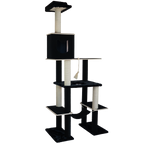 Black and white cat tree with multiple levels and a perch on a white background