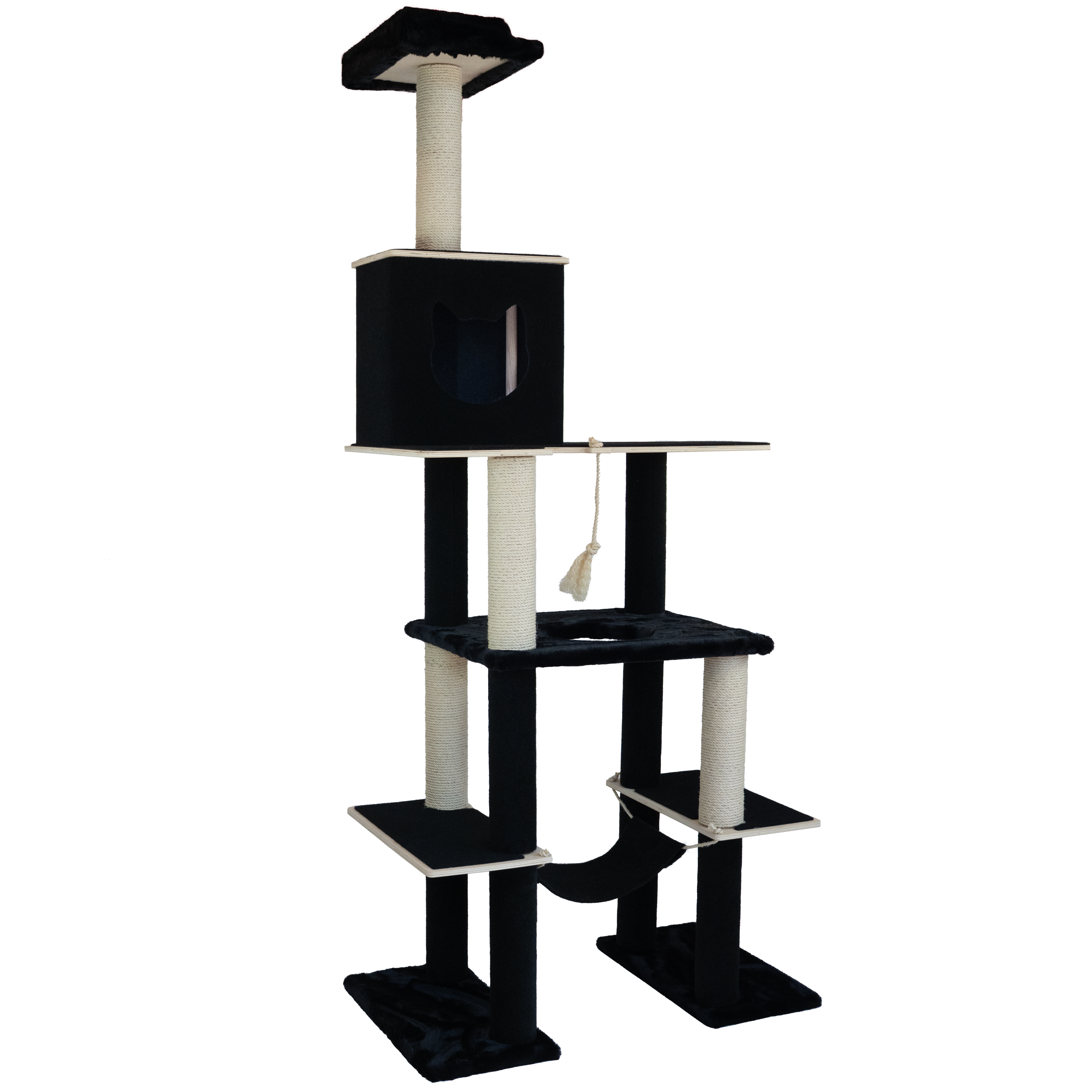 Black and white cat tree with multiple levels and a perch on a white background