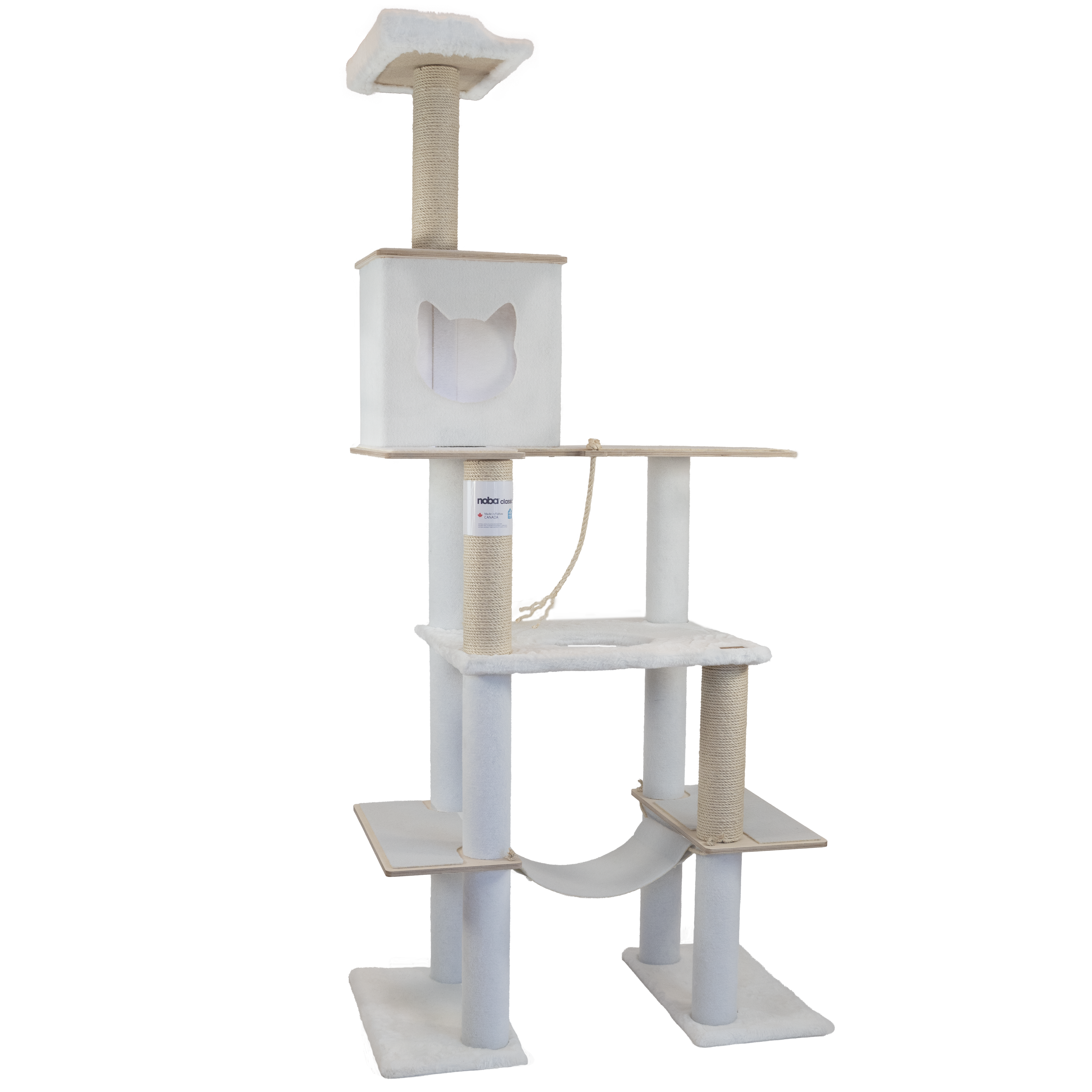 White and beige cat tree with multiple levels and a hanging toy on a white background