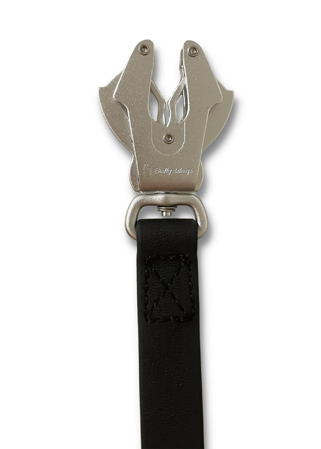 Black dog leash with a silver buckle on a white background