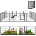 Pet playpen with a dog inside, surrounded by flowers on a white background