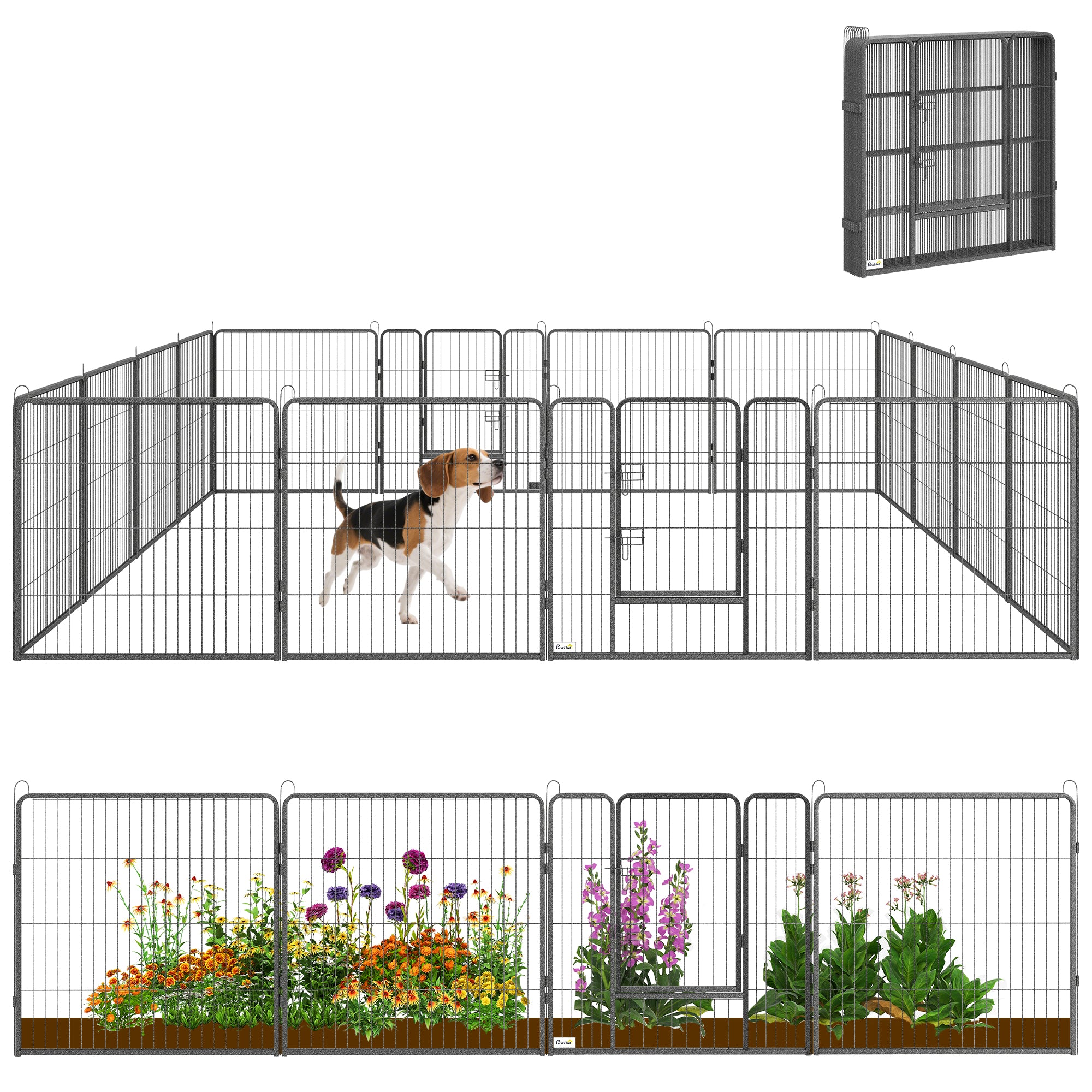 Pet playpen with a dog inside, surrounded by flowers on a white background