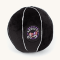 Black plush ball with white trim featuring a logo on a white background
