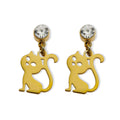 Gold cat-shaped earrings with crystal elements on a white background