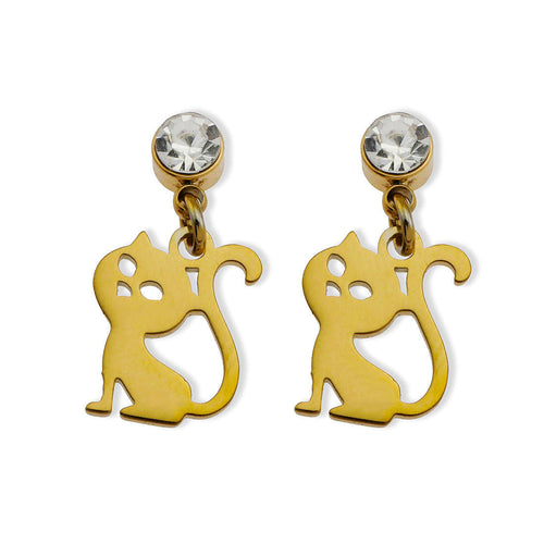 Gold cat-shaped earrings with crystal elements on a white background