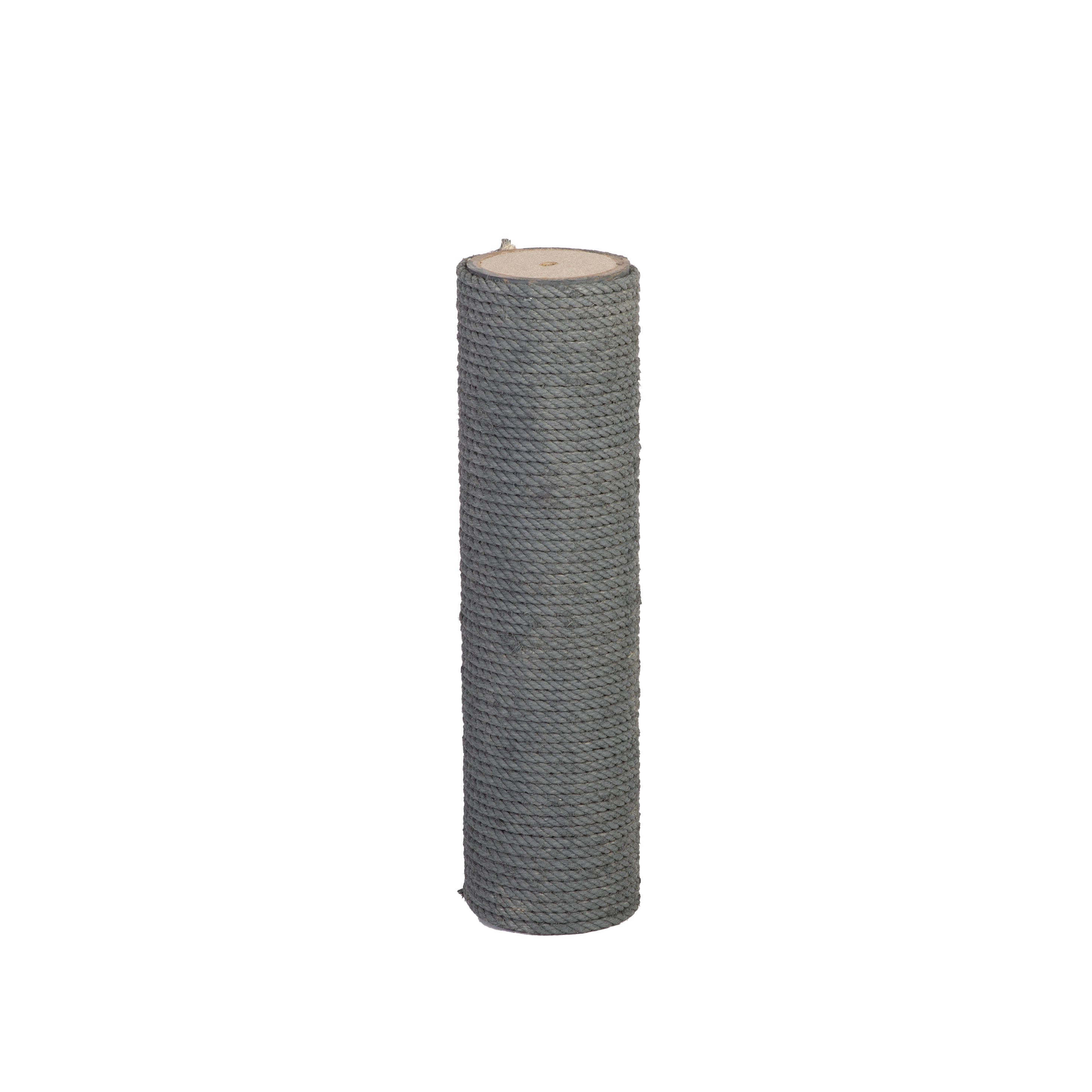 Gray cylindrical cat scratch post on a white background