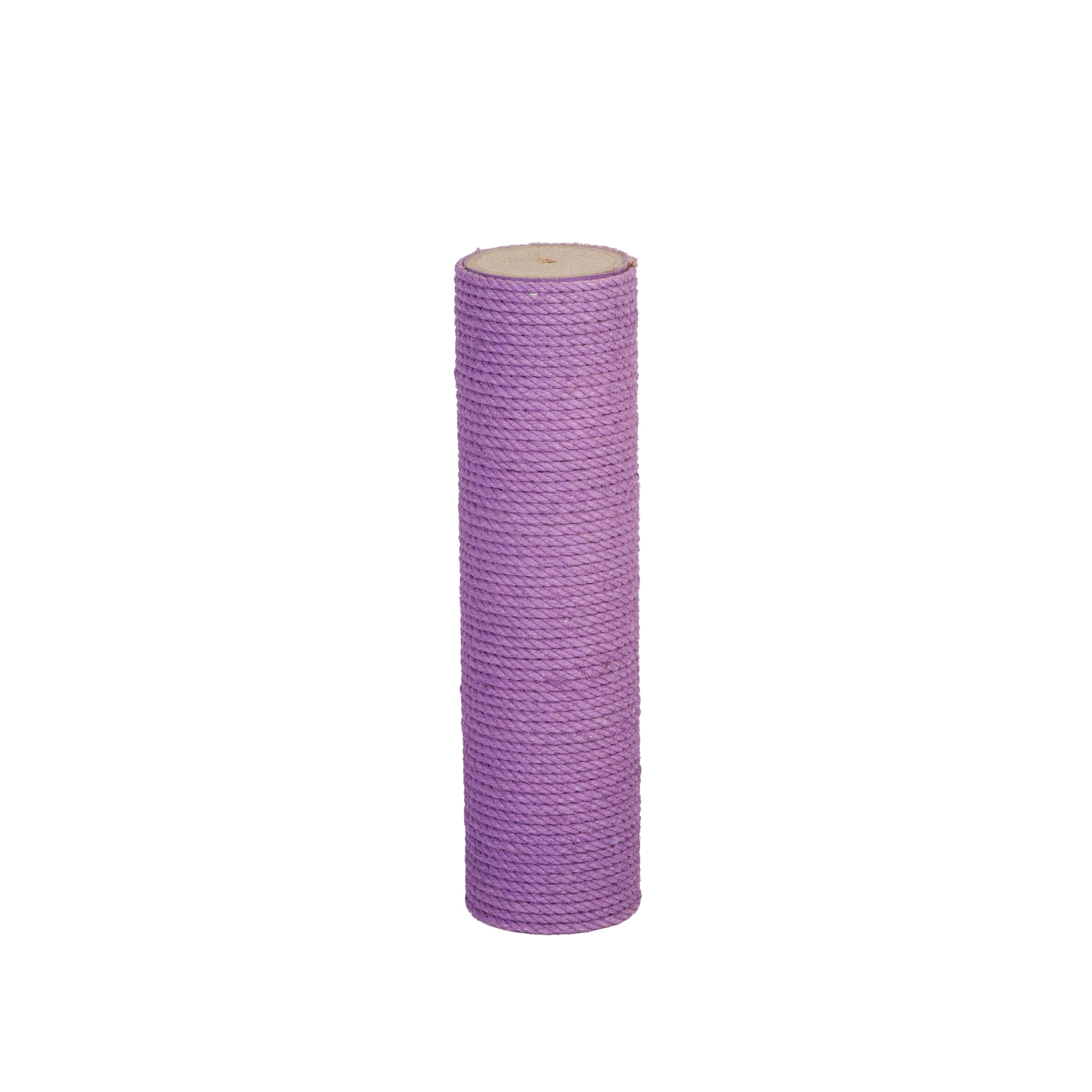 Purple cylindrical cat scratch post on a white background