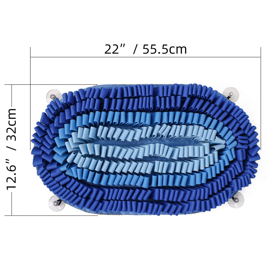 Coiled blue snuffle mat with measurements on a white background