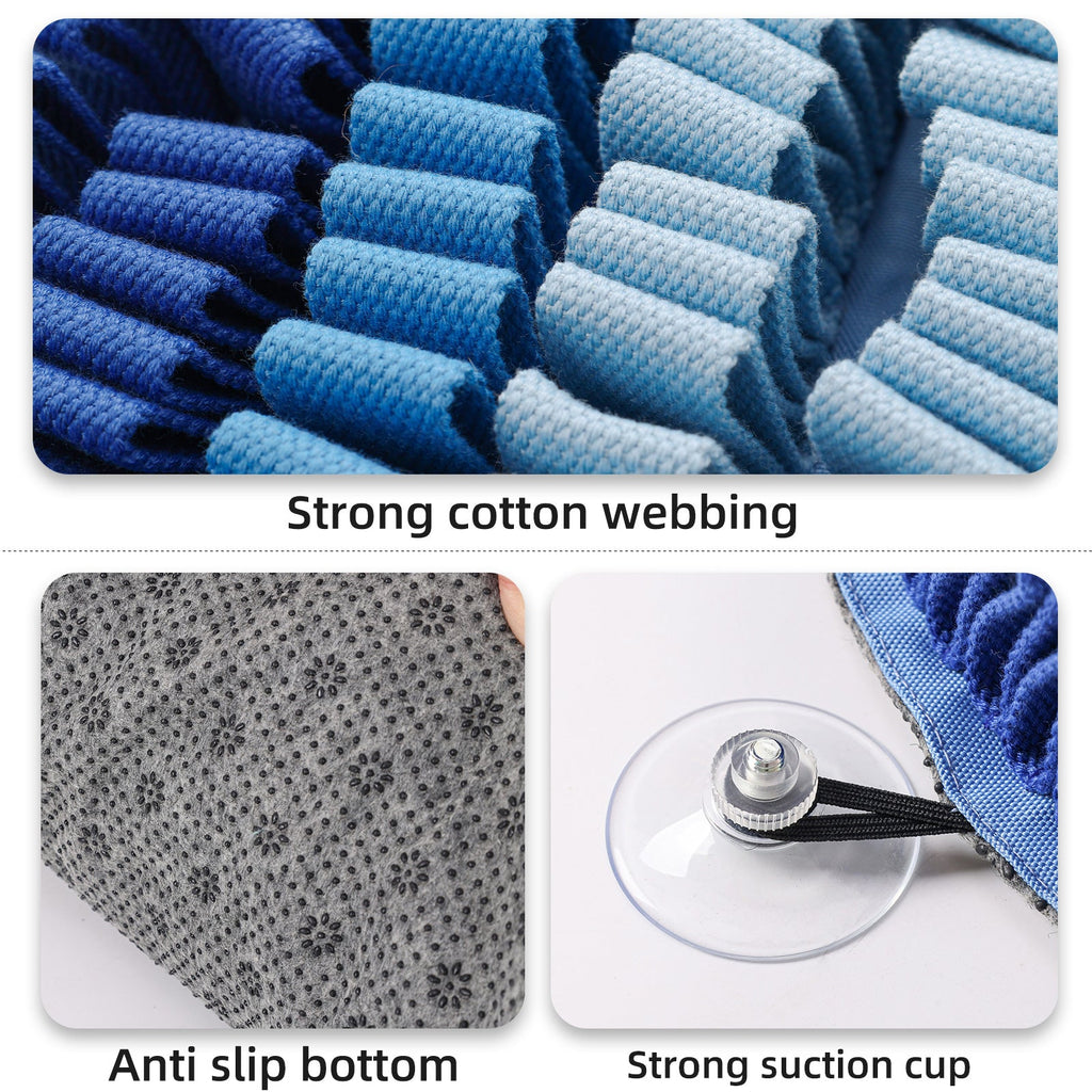 Close-up of blue snuffle mat with text highlighting strong cotton webbing, anti-slip bottom, and strong suction cup.