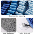 Close-up of blue snuffle mat with text highlighting strong cotton webbing, anti-slip bottom, and strong suction cup.