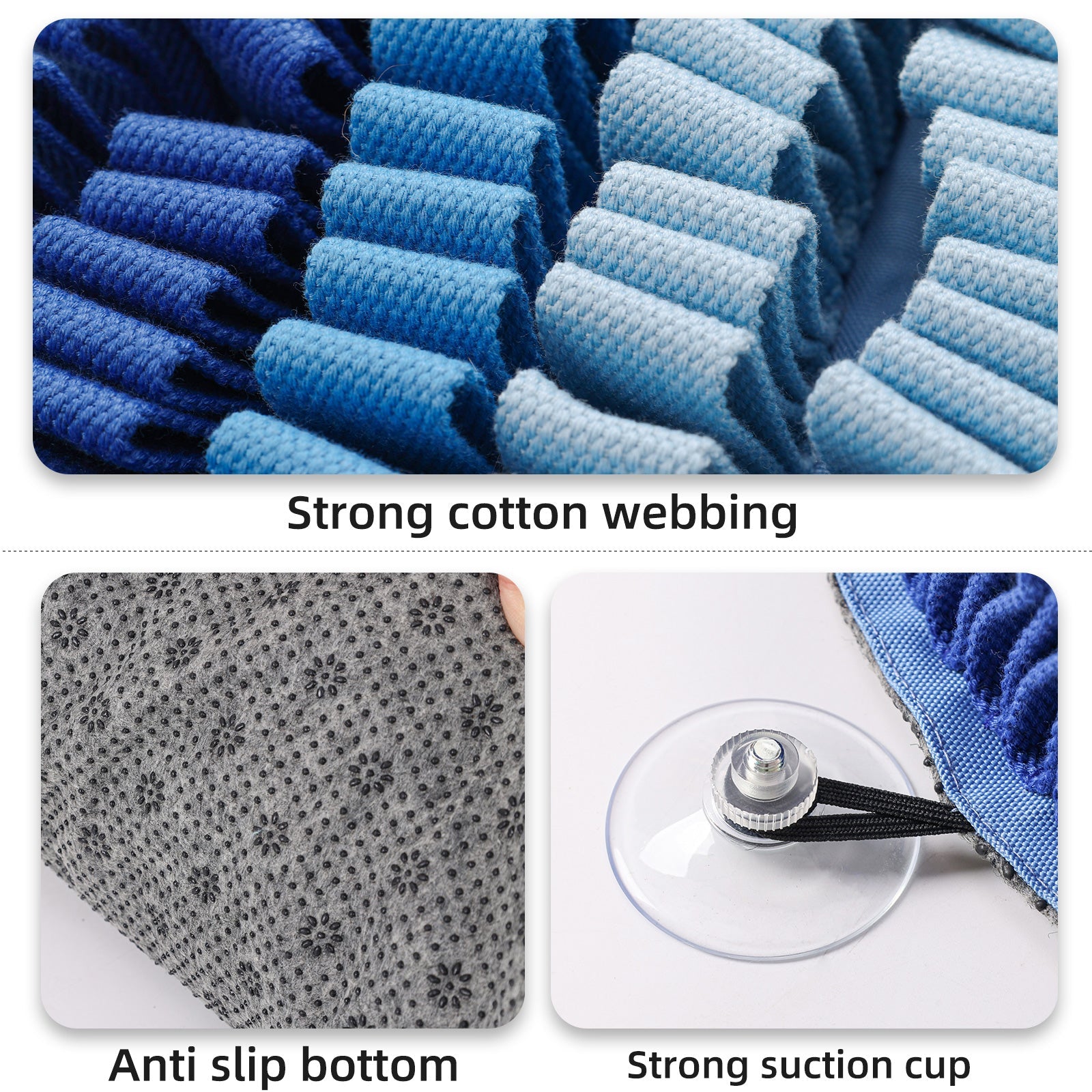Close-up of blue snuffle mat with text highlighting strong cotton webbing, anti-slip bottom, and strong suction cup.